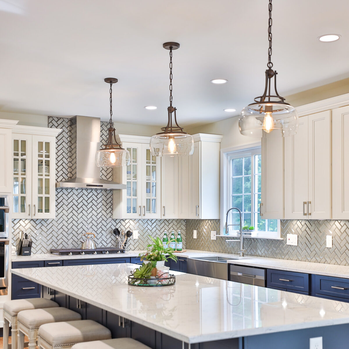 blue and white kitchen cabinets