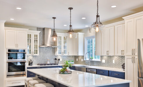 blue and white kitchen cabinets