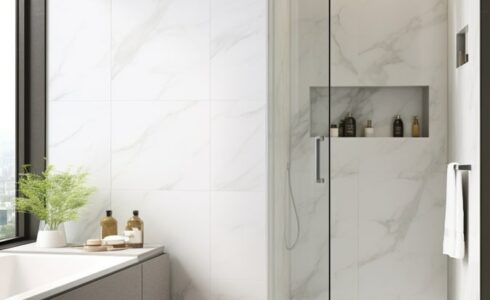 gray and white bathroom